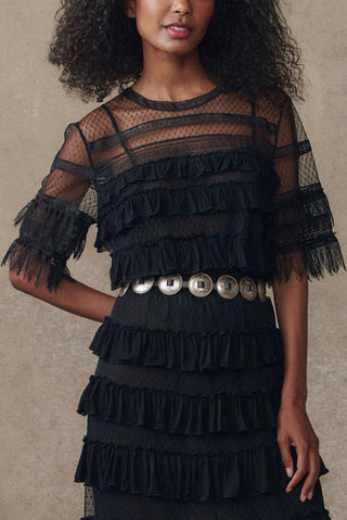 Winter Mesh Flounce Top in Black