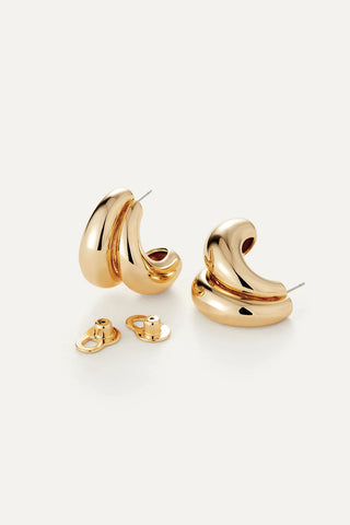 Jenny Bird Orla Earrings in 14K gold-dipped brass, featuring a modern triple-strand sculptural hoop design. these lightweight, high-polish gold earrings add a bold yet sophisticated finish to any professional or evening outfit.