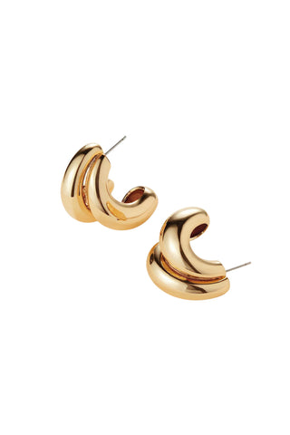 Jenny Bird Orla Earrings in 14K gold-dipped brass, featuring a modern triple-strand sculptural hoop design. these lightweight, high-polish gold earrings add a bold yet sophisticated finish to any professional or evening outfit.