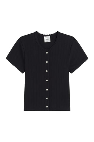 Pointelle Short Sleeve Cardigan in Black