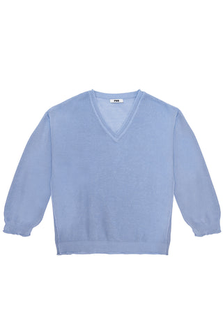 RUS Matsu Sweater in Salvia Blue, a boxy V-neck mesh sweater crafted from a premium corded organic cotton blend with a unique dry handfeel. This lightweight, breathable designer pullover features a relaxed silhouette and deep ribbed detailing, making it an effortless layering piece for modern, elevated everyday style.
