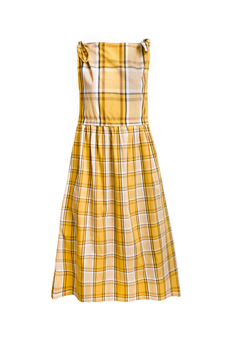 Yellow plaid Sea New York Copeland midi dress featuring a straight high neckline, adjustable tie straps, and a relaxed cotton silhouette. A versatile, sleeveless summer dress perfect for casual outings or parties.