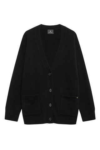 A black, midweight cashmere cardigan featuring a boxy fit, raglan sleeves, and two front pockets. Finished with dark horn buttons.