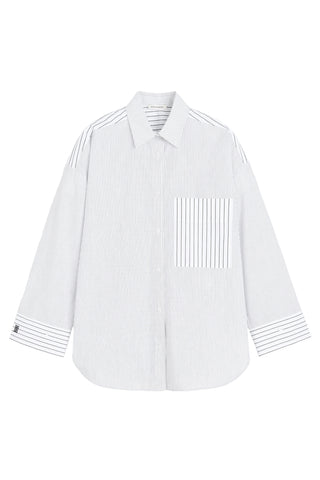 By Malene Birger Derris Shirt in a timeless black and white stripe, crafted from 100% organic cotton. This oversized button-down features a smart collar and a front patch pocket, offering a refined Scandinavian aesthetic for any season.