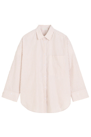 By Malene Birger Derris Shirt in Dark Sand Stripe, featuring a neutral brown and beige vertical pattern in 100% organic cotton. This oversized button-down includes a classic shirt collar and front patch pocket for an effortless Scandinavian look.