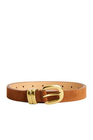 By Malene Birger Zoilo Suede Belt in Brown Patina, featuring buttery-soft cow leather and luxe rounded gold hardware. This adjustable brown suede belt adds rich texture and a polished finish to any high-waisted look.