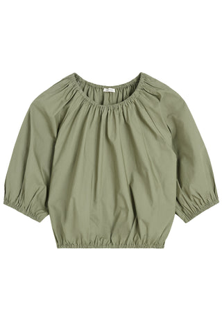 By Malene Birger Lelow Blouse in Deep Lichen Green, featuring a voluminous silhouette in crisp organic cotton. This versatile top includes an elasticated neckline for on or off-the-shoulder styling, with puff sleeves and an elasticated hem.