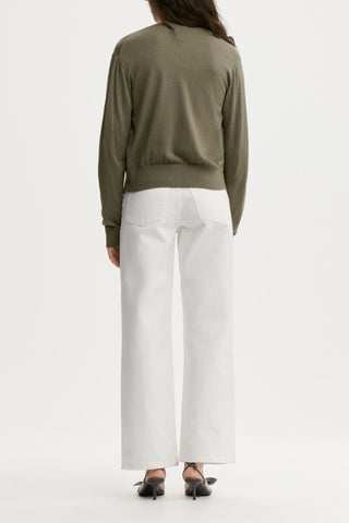 By Malene Birger Montie Cardigan in Deep Lichen Green, crafted from a premium wool and silk blend with Tencel fibers. This classic round-neck sweater features a button-down front and ribbed trims for a timeless, sophisticated silhouette.
