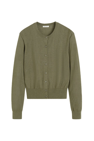 By Malene Birger Montie Cardigan in Deep Lichen Green, crafted from a premium wool and silk blend with Tencel fibers. This classic round-neck sweater features a button-down front and ribbed trims for a timeless, sophisticated silhouette.