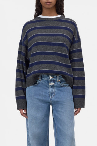 Crew Neck Sweater in Dark Grey Stripe