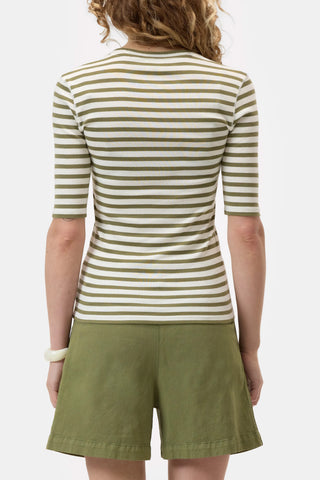 The Closed Crewneck Short Sleeve in Hunter Green is a premium organic cotton t-shirt featuring a classic horizontal stripe pattern and a comfortable ribbed neckline. This versatile designer top offers a relaxed fit and elbow-length sleeves, making it a sophisticated essential for effortless everyday layering.