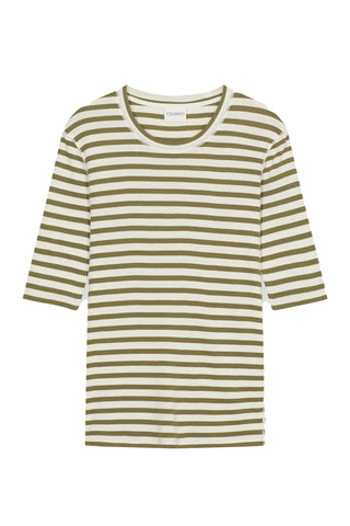 The Closed Crewneck Short Sleeve in Hunter Green is a premium organic cotton t-shirt featuring a classic horizontal stripe pattern and a comfortable ribbed neckline. This versatile designer top offers a relaxed fit and elbow-length sleeves, making it a sophisticated essential for effortless everyday layering.