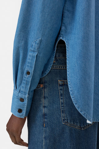 Cropped Front Oversized Shirt in Mid Blue