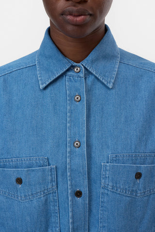 Cropped Front Oversized Shirt in Mid Blue