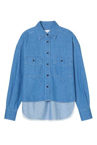Cropped Front Oversized Shirt in Mid Blue
