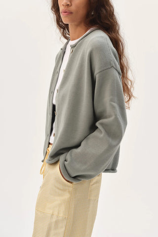 Cotton Knit Roll Cardigan in Sage