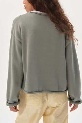 Cotton Knit Roll Cardigan in Sage