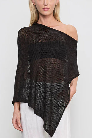 Linen Open Knit Poncho in Black