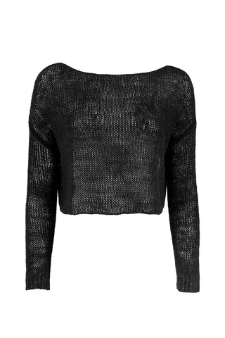 Linen Open Knit Bateau Sweater in Black