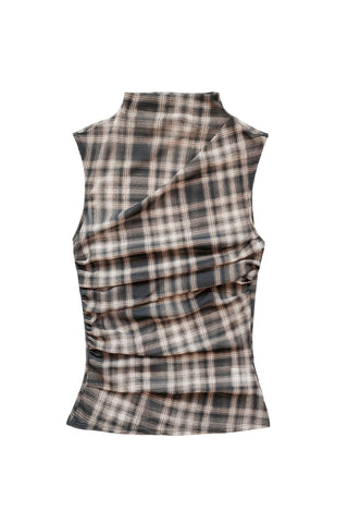 Plaid Mesh Sleeveless Twist Top