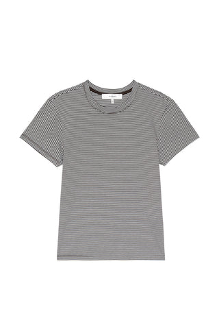 Frame Stripe Baby Tee in Navy featuring a micro-stripe pattern and a shrunken, 90s-inspired fit. This short-sleeve organic cotton tee is a high-end capsule wardrobe essential for casual, everyday style.