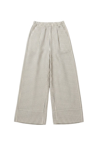 Girls of Dust Culotte Pant in Iron/Off White, featuring a bold vertical stripe pattern and a relaxed, wide-leg cropped silhouette. These high-waisted designer trousers are crafted from durable cotton for a comfortable, utilitarian look that pairs perfectly with a simple tee or the matching Jackie scarf.