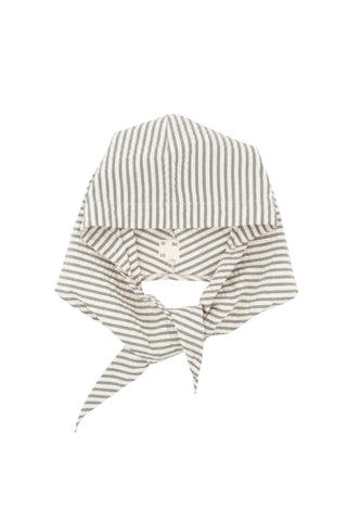 Girls of Dust Jackie Scarf in Iron/Off White, a versatile striped accessory made from durable Fuji nylon with a unique tie-front design. This lightweight designer headscarf or neck wrap adds a modern, utilitarian edge to any casual outfit, making it a perfect year-round layering piece.