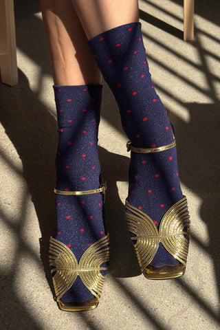 Lurex Patterned Sneaker Socks in Ink Blue/Red Polkadot