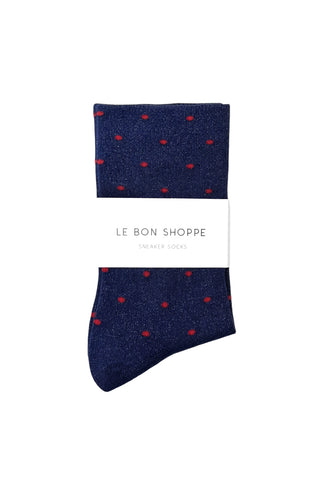 Lurex Patterned Sneaker Socks in Ink Blue/Red Polkadot