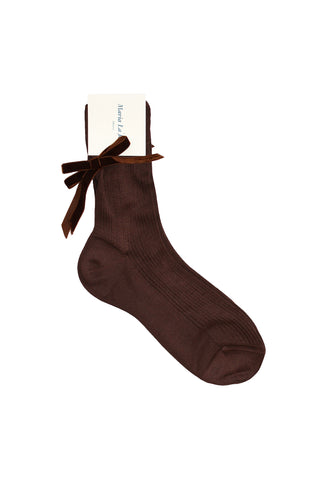 Ribbed Velvet Bow Socks in Dark Brown