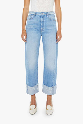 Mother Half Pipe Ankle Cuff Fray jeans in Last Bite, a high-rise straight-leg denim featuring a wide folded cuff and raw-edge frayed hems. These premium light-wash jeans offer a relaxed yet tailored vintage look, crafted from comfortable stretch denim for effortless daily wear.