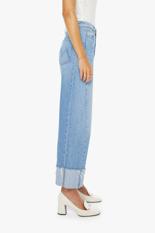 Mother Half Pipe Ankle Cuff Fray jeans in Last Bite, a high-rise straight-leg denim featuring a wide folded cuff and raw-edge frayed hems. These premium light-wash jeans offer a relaxed yet tailored vintage look, crafted from comfortable stretch denim for effortless daily wear.