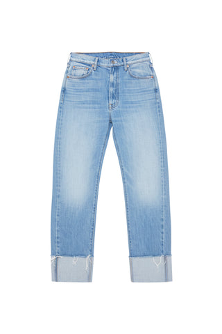 Mother Half Pipe Ankle Cuff Fray jeans in Last Bite, a high-rise straight-leg denim featuring a wide folded cuff and raw-edge frayed hems. These premium light-wash jeans offer a relaxed yet tailored vintage look, crafted from comfortable stretch denim for effortless daily wear.