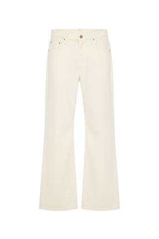 Mother Lemon Twist Sneak jeans in Natural, featuring a high-waisted fit and a modern wide-leg silhouette in a versatile creamy off-white wash. These premium stretch-denim trousers offer a sophisticated, elongated look that transitions perfectly from casual daytime to elevated evening wear.