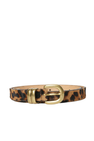 By Malene Birger Zoilo Leo Belt in Leopard, a premium calf hair waist belt featuring a striking animal print and a rounded gold-tone buckle. This bold statement accessory adds a luxurious texture and a modern focal point to neutral knitwear or classic denim outfits.