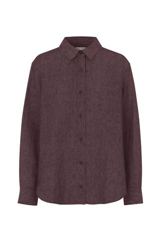 The Saloves Shirt from Samsøe Samsøe is a long sleeve shirt with a loose fit and button closure on the front. Pleated detailing on the back. Available in the color Fudge, which is a dark plum chocolate brown.