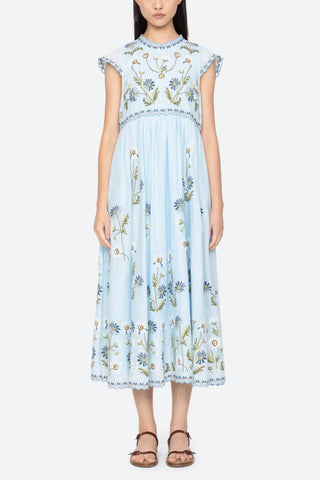 Audra Embroidery Midi Dress in Blue
