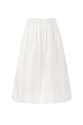 Sea New York Violet midi skirt in White featuring delicate pintuck detailing, an elasticized waistband, and a breezy A-line silhouette. This lightweight cotton skirt offers a relaxed fit, making it a perfect effortless piece for a fresh spring outfit.