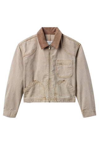 The SLVRLAKE Harley Crop Worker Jacket in Rocky Mountain is a premium cotton canvas utility jacket featuring a cropped silhouette and a contrasting brown corduroy collar. This designer workwear-inspired piece includes functional chest pockets and a zip-front closure, making it a rugged yet refined layer for transitional weather styling.