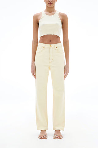 The SLVRLAKE London in Paradise Yellow are high-rise, straight-leg jeans featuring a pale pastel yellow wash crafted from premium denim. These designer jeans offer a flattering, structured fit and a classic five-pocket design that pairs perfectly with neutral knits or cropped tees.