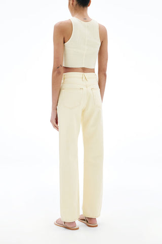 The SLVRLAKE London in Paradise Yellow are high-rise, straight-leg jeans featuring a pale pastel yellow wash crafted from premium denim. These designer jeans offer a flattering, structured fit and a classic five-pocket design that pairs perfectly with neutral knits or cropped tees.