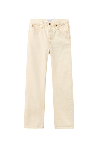 The SLVRLAKE London in Paradise Yellow are high-rise, straight-leg jeans featuring a pale pastel yellow wash crafted from premium denim. These designer jeans offer a flattering, structured fit and a classic five-pocket design that pairs perfectly with neutral knits or cropped tees.