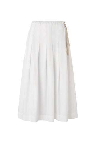 The Amalia Skirt in Blanc is a white organic cotton pleated midi skirt featuring a structural A-line silhouette and an adjustable drawstring waist. This versatile, elevated basic is a must-have for a minimalist summer capsule wardrobe.