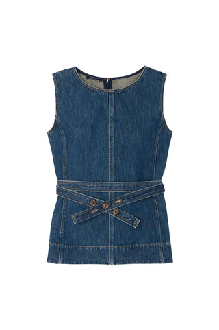SOEUR Chance structured denim top with adjustable waist belt. Wear alone or layer a fitted turtleneck underneath. 
