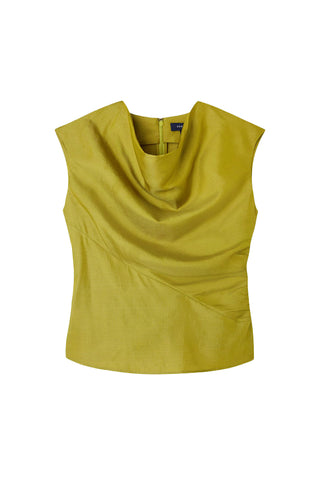 SOEUR Eclat Top in Absinthe at Zane. This 100% silk sleeveless top features a draped cowl neck and architectural silhouette.