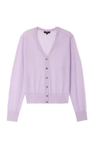 V-neck cotton cardigan from Soeur. Feels light as air but the fit is structured, comes in a light lavender color. 