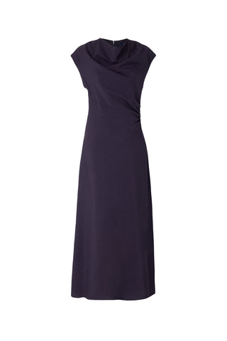 Soeur Eugenie Dress in Violet Fonce, a sophisticated sleeveless midi dress featuring a draped cowl neckline and elegant side-gathering. This premium designer piece in a deep plum purple offers a sleek, feminine silhouette that transitions perfectly from professional gallery openings to formal evening events.