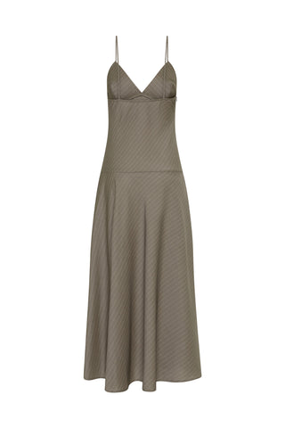 Asymmetric Slip Dress in Khaki Pinstripe