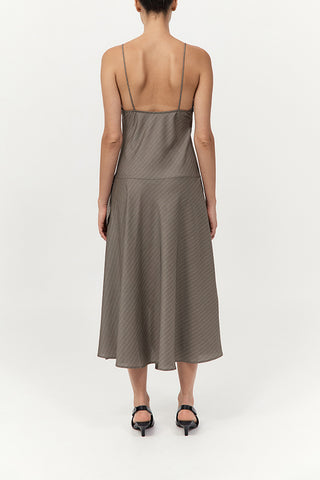 Asymmetric Slip Dress in Khaki Pinstripe