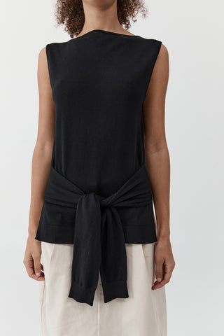 Fine Merino Tie Waist Top in Black